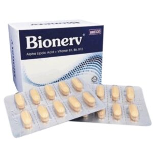 Bionerv Alpha Lipoic Acid + Vitamin B1 B6 B12 60 TabletsVitamin B1, B6, dan B12 sangat penting untuk kesehatan saraf. Vitamin-vitamin ini dapat membantu penyembuhan kerusakan saraf dan meredakan gejala-gejala kerusakan saraf seperti mati rasa dan kesemutan. Itulah sebabnya vitamin-vitamin ini disebut vitamin 'neurotropik'.